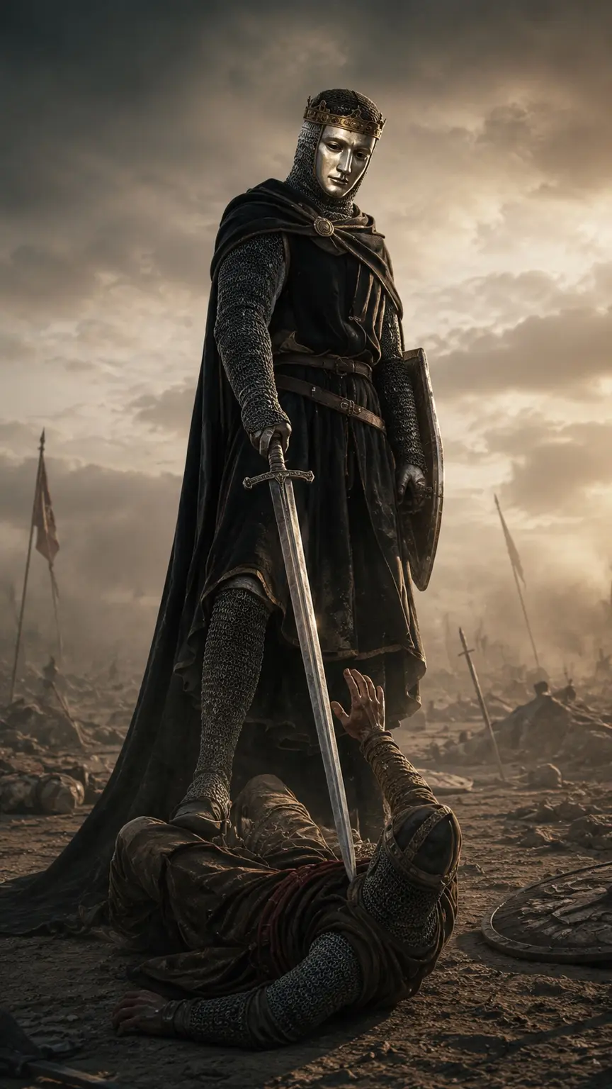 Artistic interpretation of Baldwin IV standing on a battlefield after victory