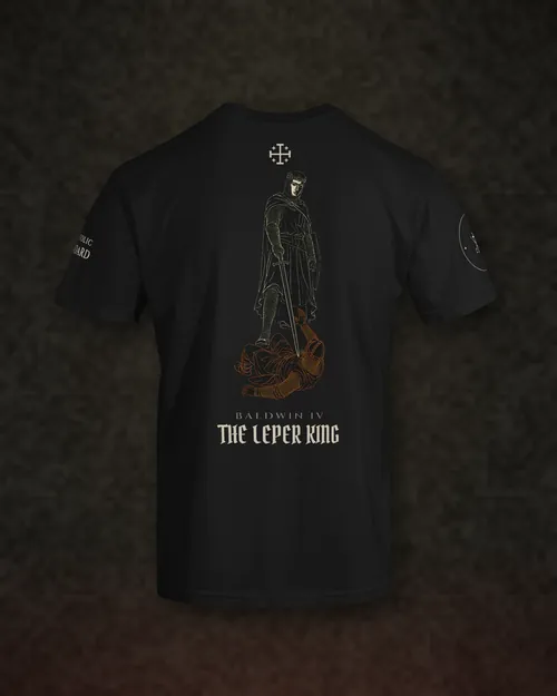 Back view of the Baldwin IV The Leper King heavyweight tee