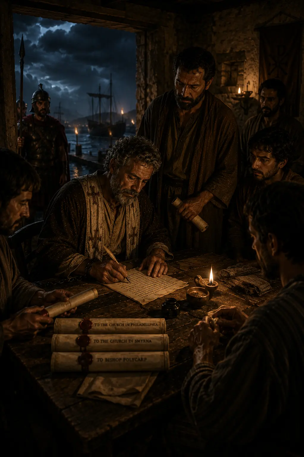 Artistic interpretation of Saint Ignatius writing his letters during the journey to Rome