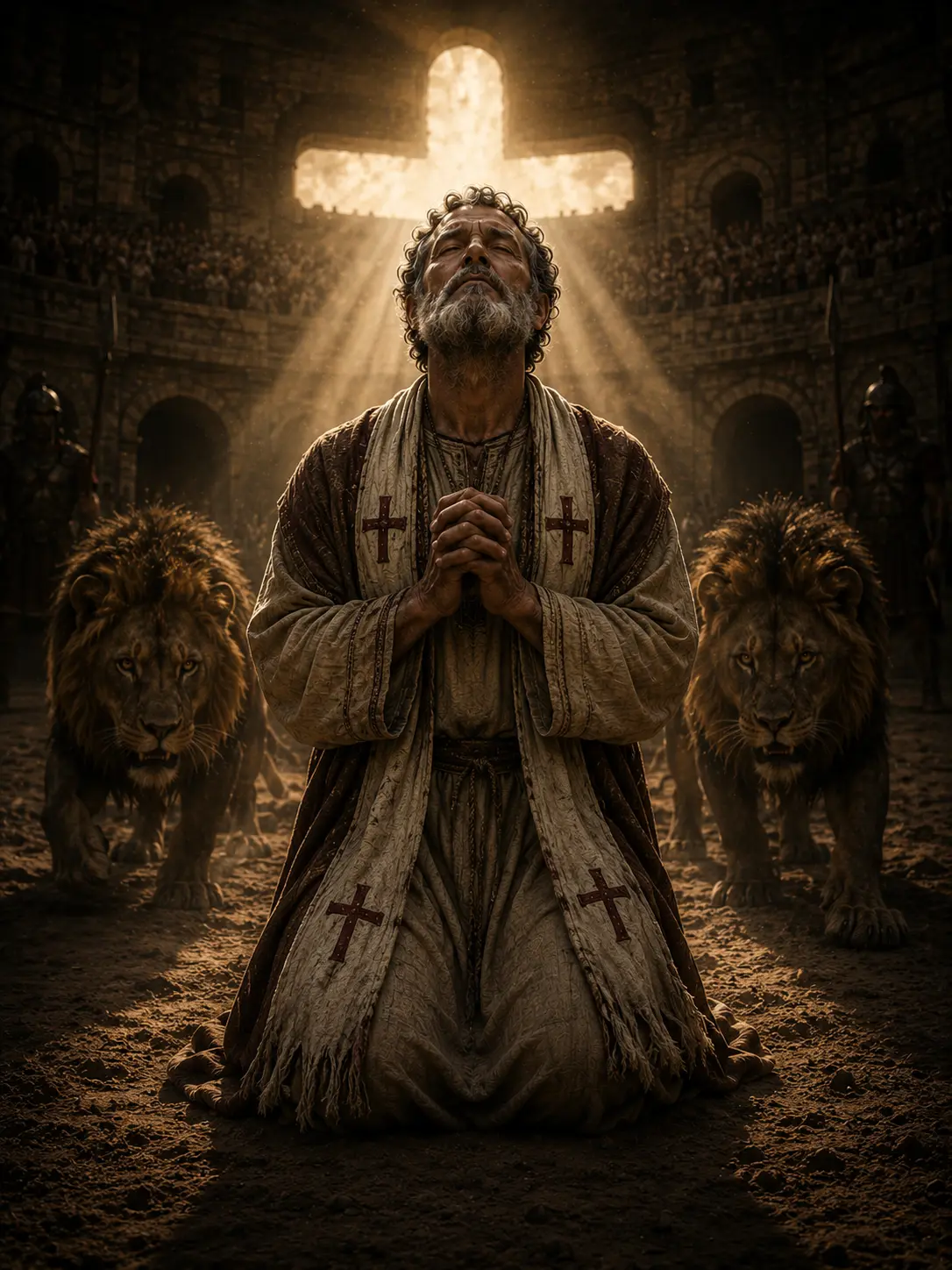 Artistic interpretation of Saint Ignatius praying before martyrdom in the Roman arena