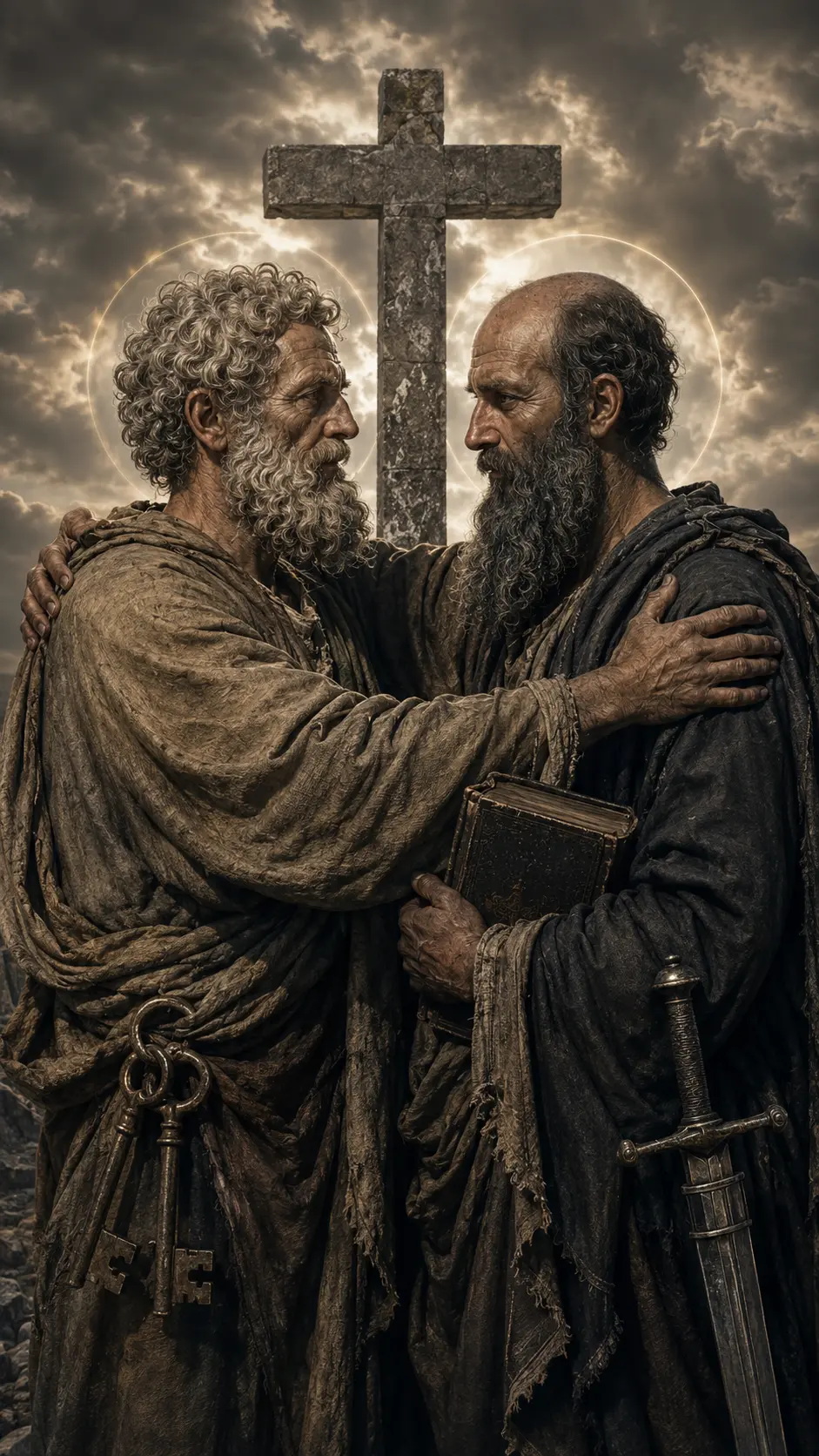 Artistic interpretation of Saints Peter and Paul united beneath the cross