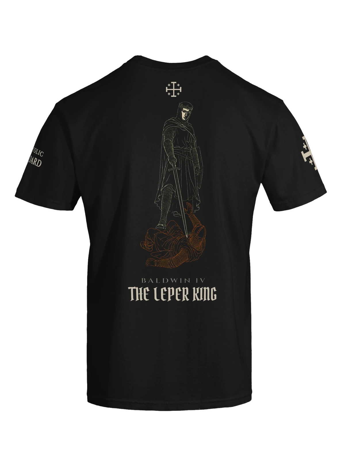 Back view of the Baldwin IV The Leper King heavyweight tee