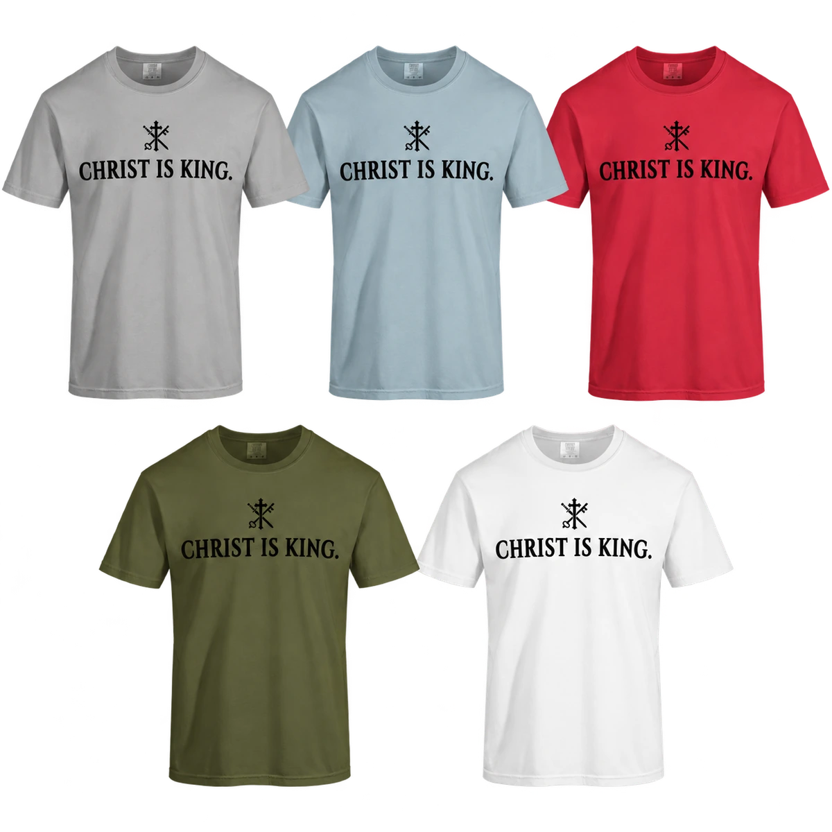 Christ Is King Essential Tee shown in grey, ice, red, sage, and white