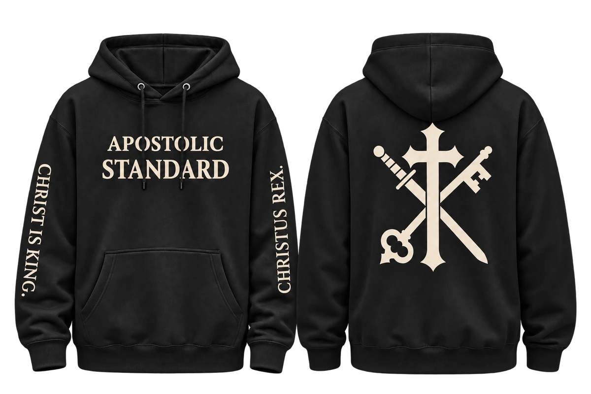 Front and back views of the black Christus Rex Standard Hoodie