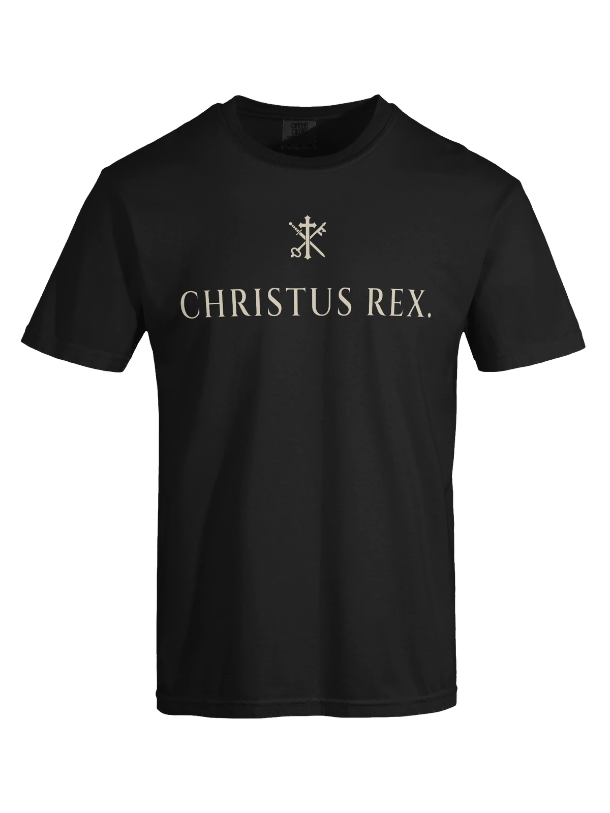 Front view of the black Christus Rex Standard Tee with the Christus Rex chest mark
