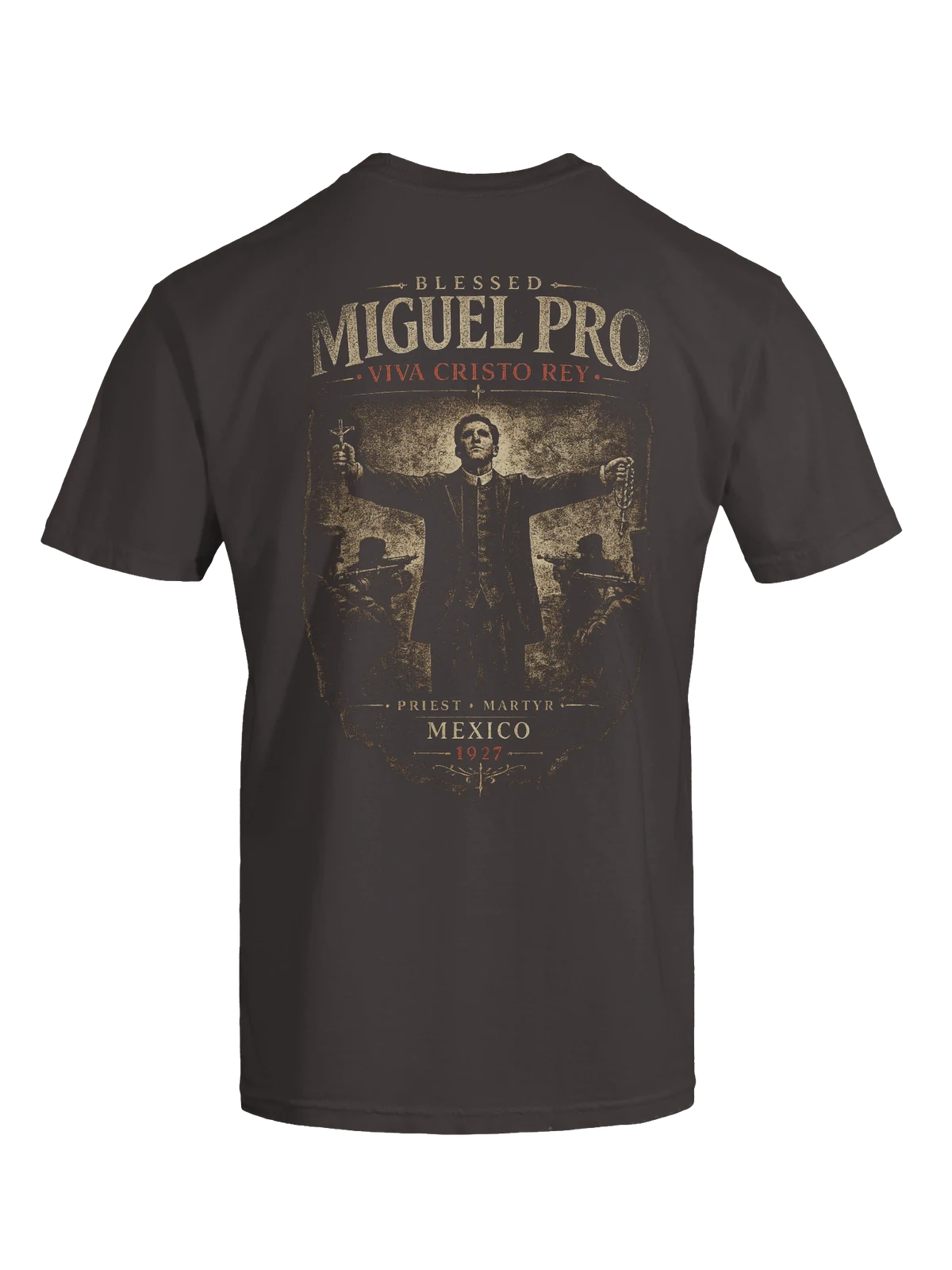 Back view of the Blessed Miguel Pro Viva Cristo Rey heavyweight tee