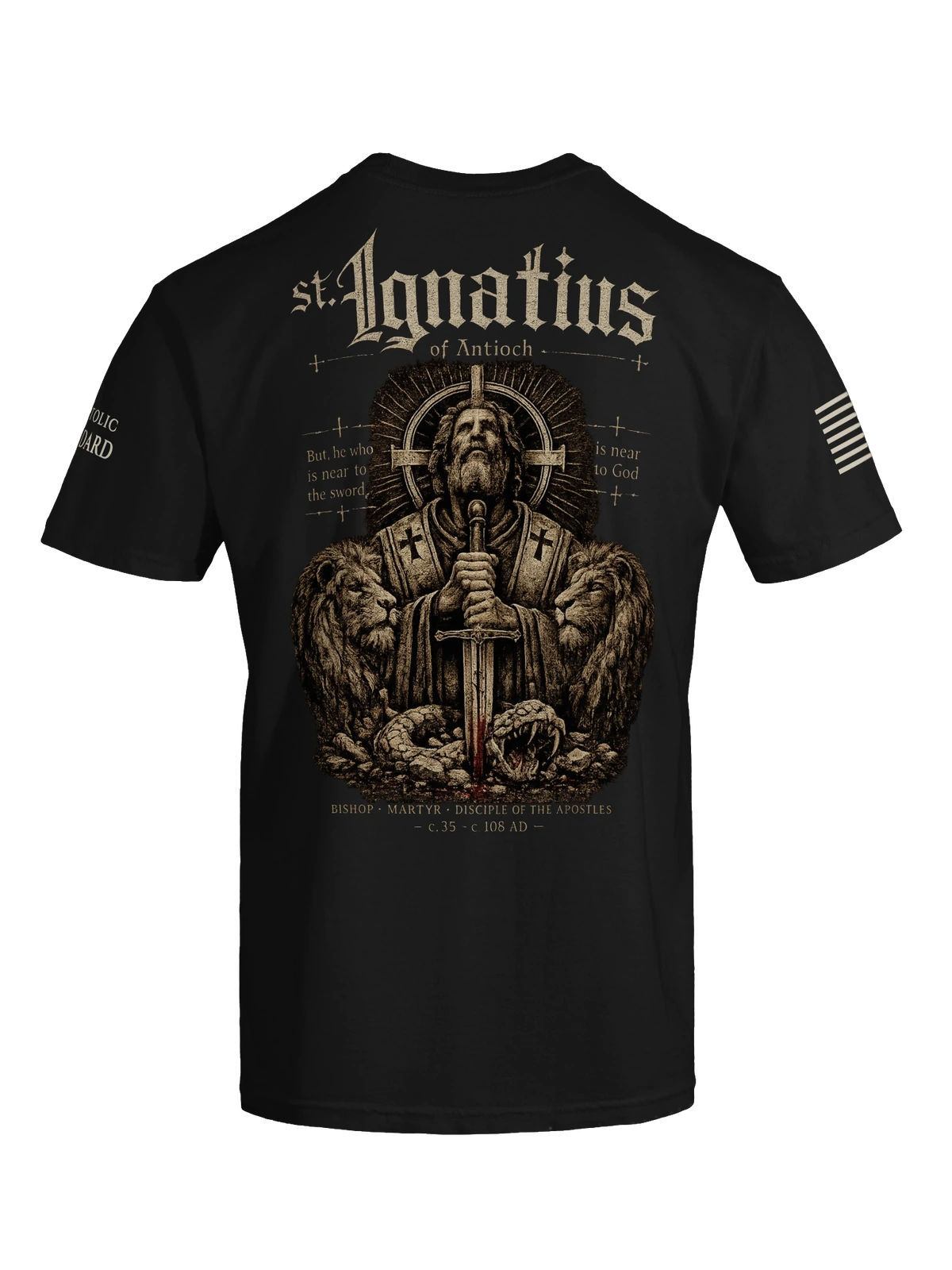 Back view of the Saint Ignatius of Antioch Near to God heavyweight tee