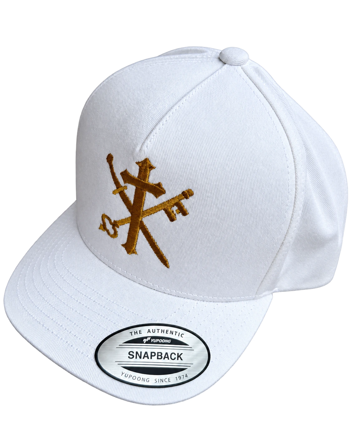 White Christ Is King High-Crown Snapback with gold embroidery