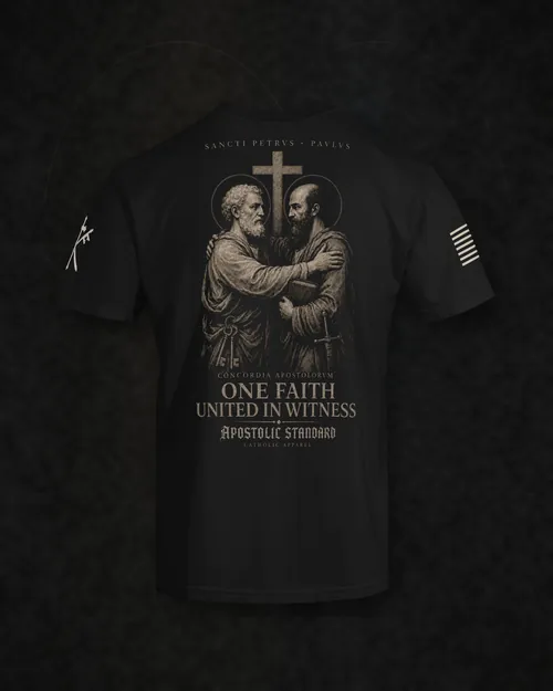 Back view of the Saints Peter and Paul United in Witness heavyweight tee