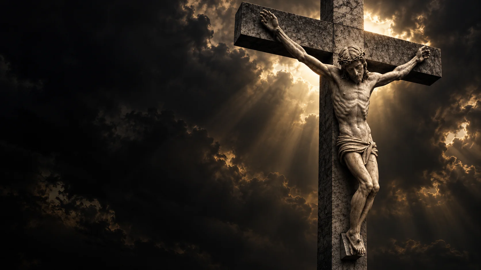 Devotional artwork of the crucified Christ beneath storm clouds and golden light.