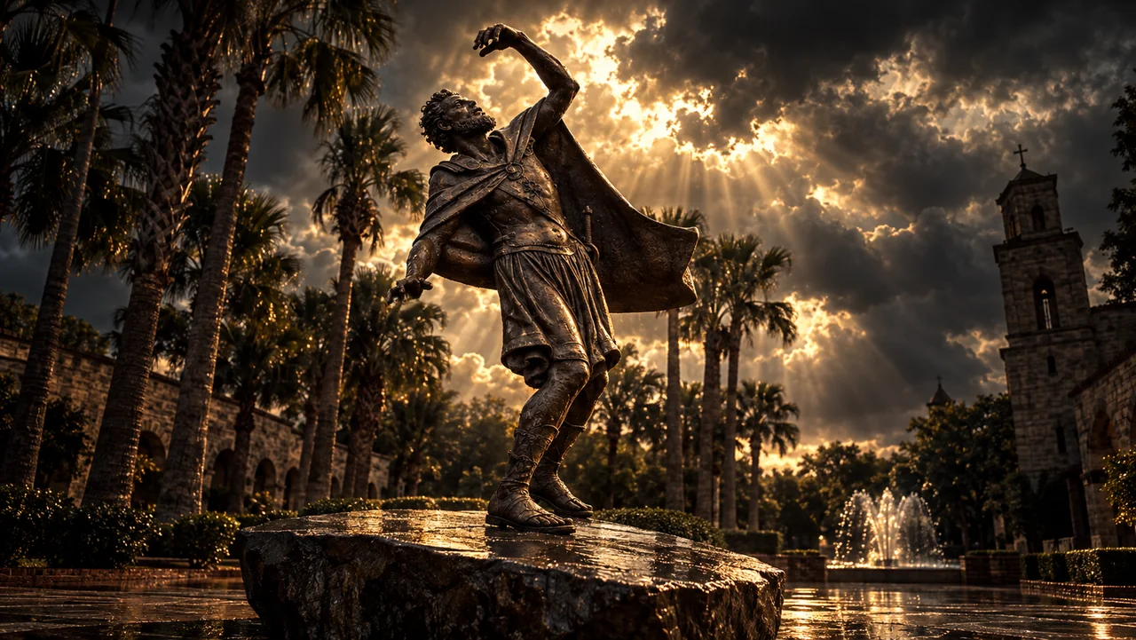 Devotional artwork of Saint Paul as a bronze figure beneath storm clouds and golden light.