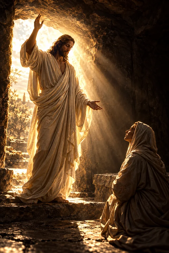 Devotional artwork of the risen Jesus at the tomb, with a kneeling woman looking toward Him.