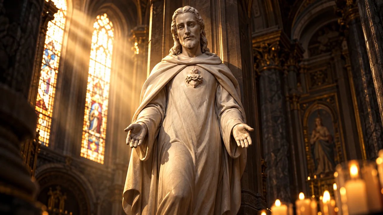 Devotional artwork of the Sacred Heart of Jesus in a candlelit church.